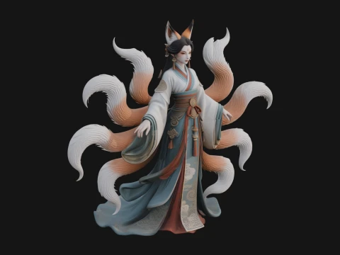 Fox Eared Kitsune Woman Statue Design 3 - 3D Print Model 3D Print Model
