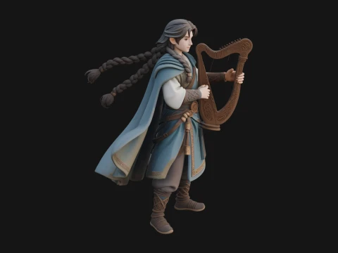 Robed Bard with Harp Statue Design 2 - 3D Print Model 3D Print Model
