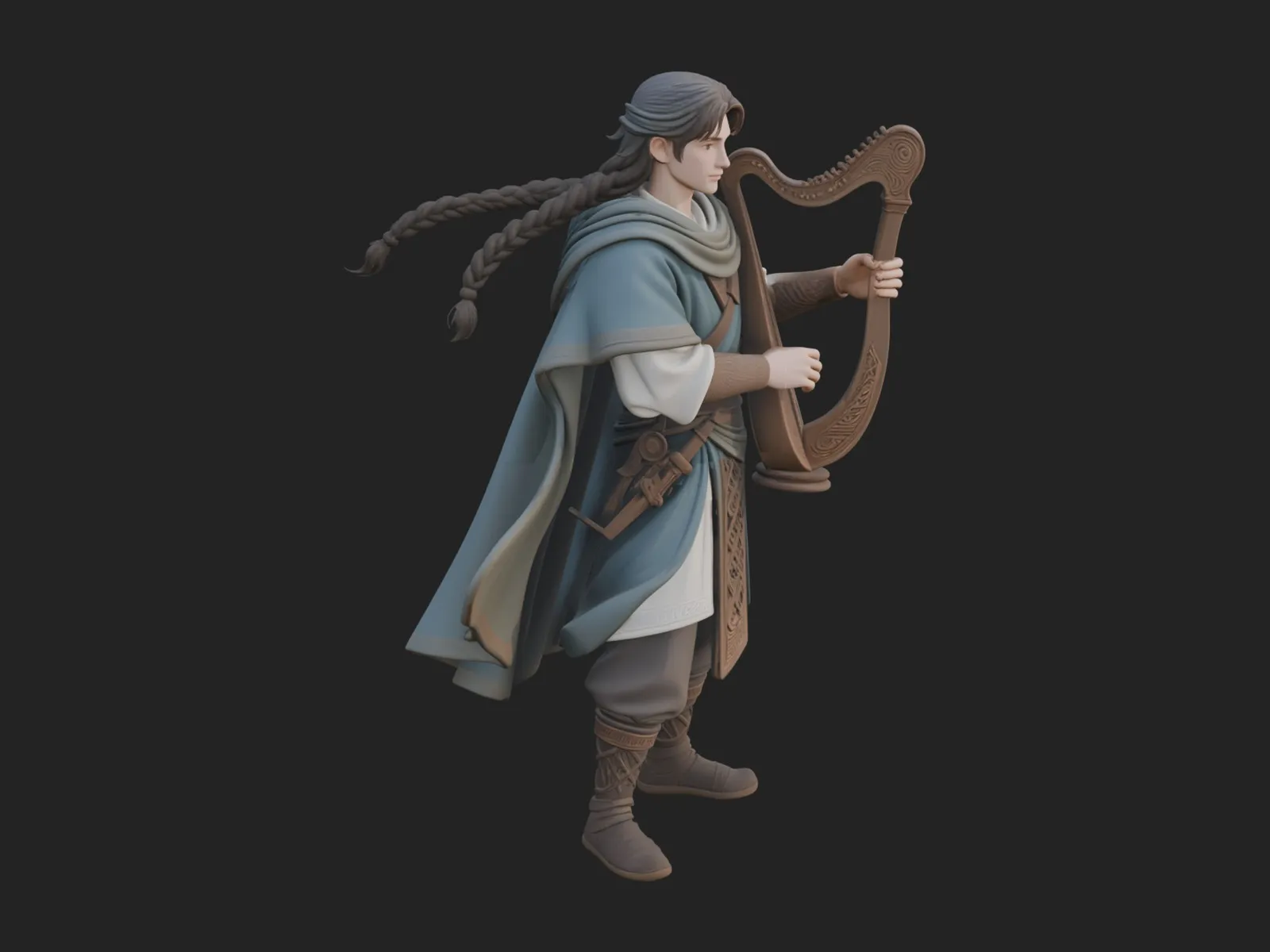 Robed Bard with Harp Statue Design 3 - 3D Print Model 3D Print Model .c4d .max .obj .3ds .fbx .stl .blend 