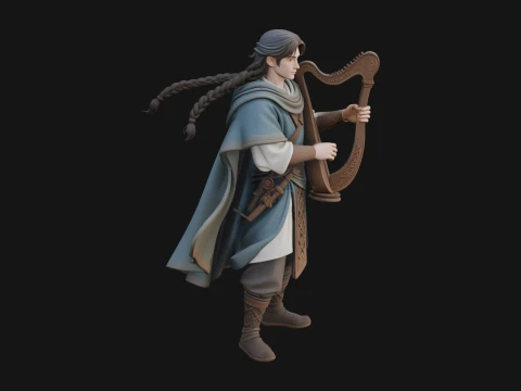 Robed Bard with Harp Statue Design 3 - 3D Print Model 3D Print Model
