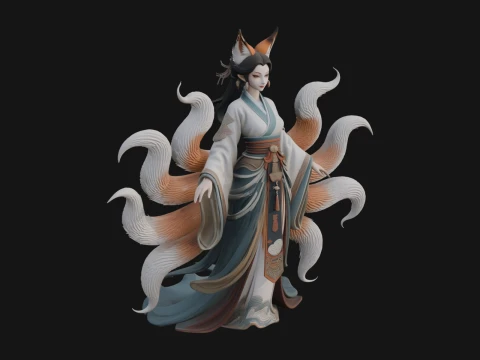 Fox Eared Kitsune Woman Statue Design 4 - 3D Print Model 3D Print Model