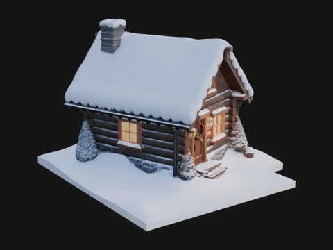 Snow Covered Log Cabin House Design 4 - 3D Print Model Modèles 3D en vedette