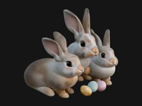 Rabbit Family Group Statue Design 1 - 3D Print Model 3D 打印模型