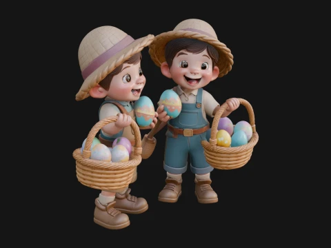 Statue d'enfants avec des paniers &agrave; &oelig;ufs Design 1 - Mod&egrave;le d'impression 3D Modèles 3D en vedette