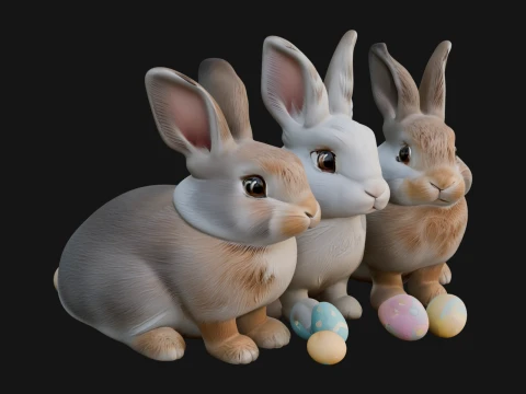 Rabbit Family Group Statue Design 4 - 3D Print Model 3D Print Model
