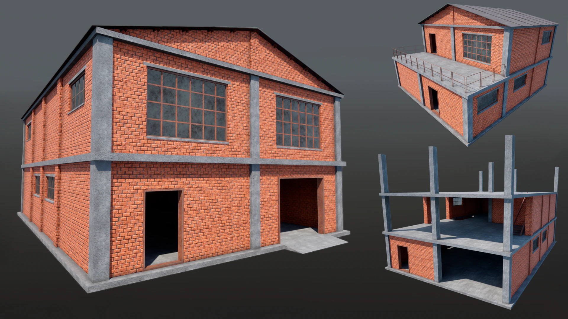 Brick Building Modular Factory Hangar Low-poly Game-Ready 3D Model .c4d .max .obj .3ds .fbx .stl .blend 