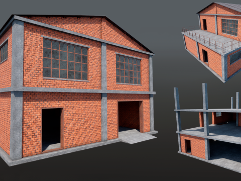 Brick Building Modular Factory Hangar Low-poly Game-Ready 3D Model