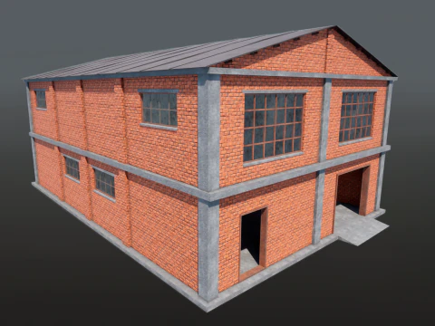 Brick Building Modular Factory Hangar Low-poly Game-Ready 3D Model