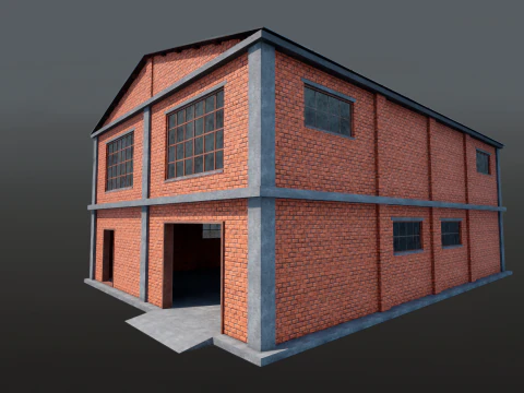 Brick Building Modular Factory Hangar Low-poly Game-Ready 3D Model