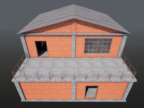 Brick Building Modular Factory Hangar Low-poly Game-Ready 3D Model