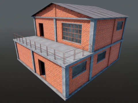 Brick Building Modular Factory Hangar Low-poly Game-Ready 3D Model