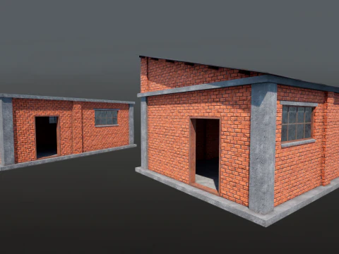 Brick Building Modular Factory Hangar Low-poly Game-Ready 3D Model