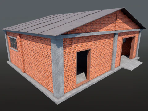 Brick Building Modular Factory Hangar Low-poly Game-Ready 3D Model