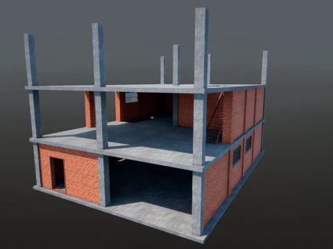 Brick Building Modular Factory Hangar Low-poly Game-Ready 3D Model