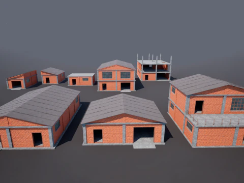 Brick Building Modular Factory Hangar Low-poly Game-Ready 3D Model