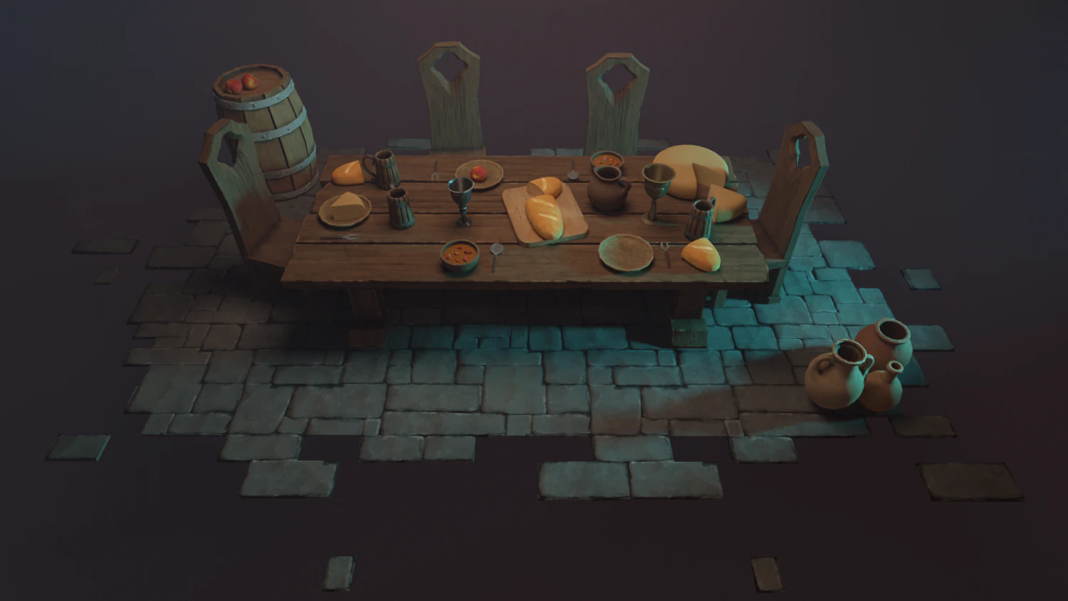 Medieval Laid Table Scene Asset 3D Model .c4d .max .obj .3ds .fbx .stl .blend 