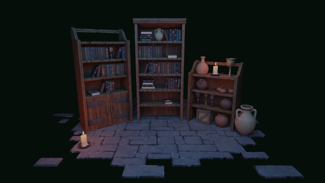 Medieval Bookcases Scene - Asset Modèle 3D .c4d .max .obj .3ds .fbx .stl .blend 