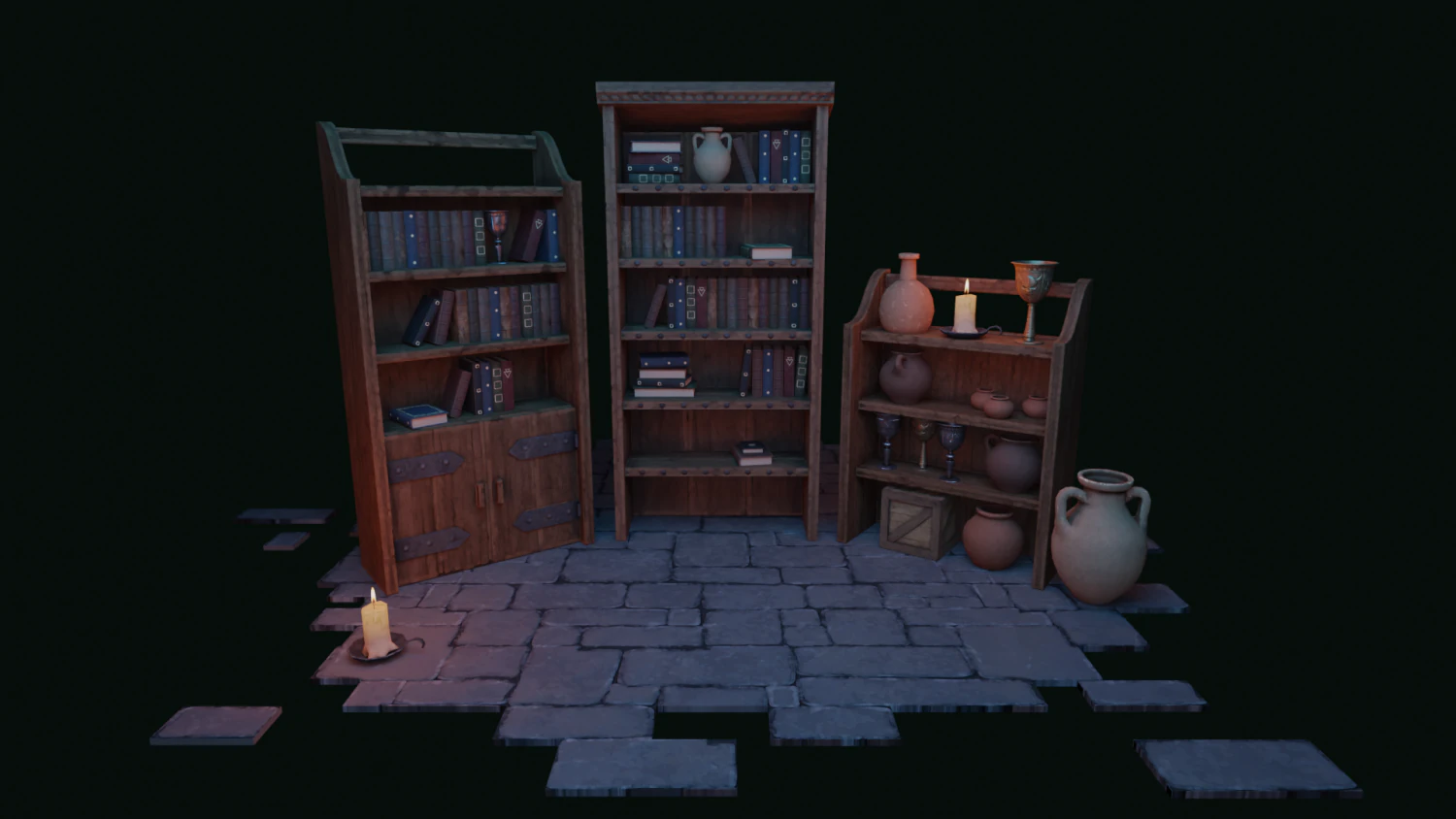 Medieval Bookcases Scene - Asset 3D Model .c4d .max .obj .3ds .fbx .stl .blend 