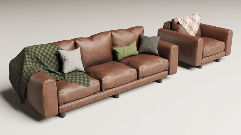 80S Brown Leather Sofa And Armchair Set Modello 3D .c4d .max .obj .3ds .fbx .stl .blend