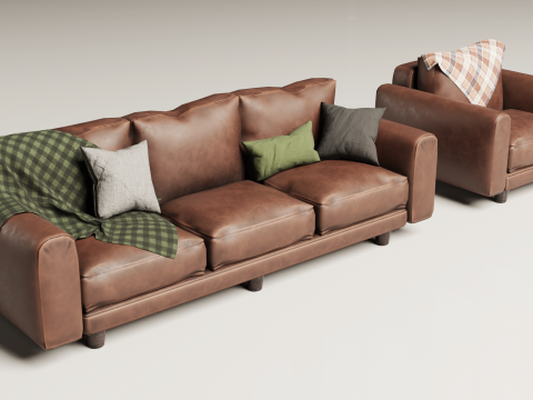 80S Brown Leather Sofa And Armchair Set Model 3D