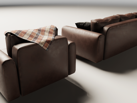 80S Brown Leather Sofa And Armchair Set Modello 3D