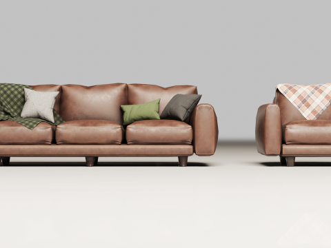 80S Brown Leather Sofa And Armchair Set Modello 3D