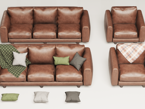 80S Brown Leather Sofa And Armchair Set Modello 3D