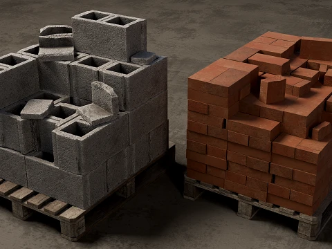 Concrete Blocks and Red Bricks Construction Materials 3D Model