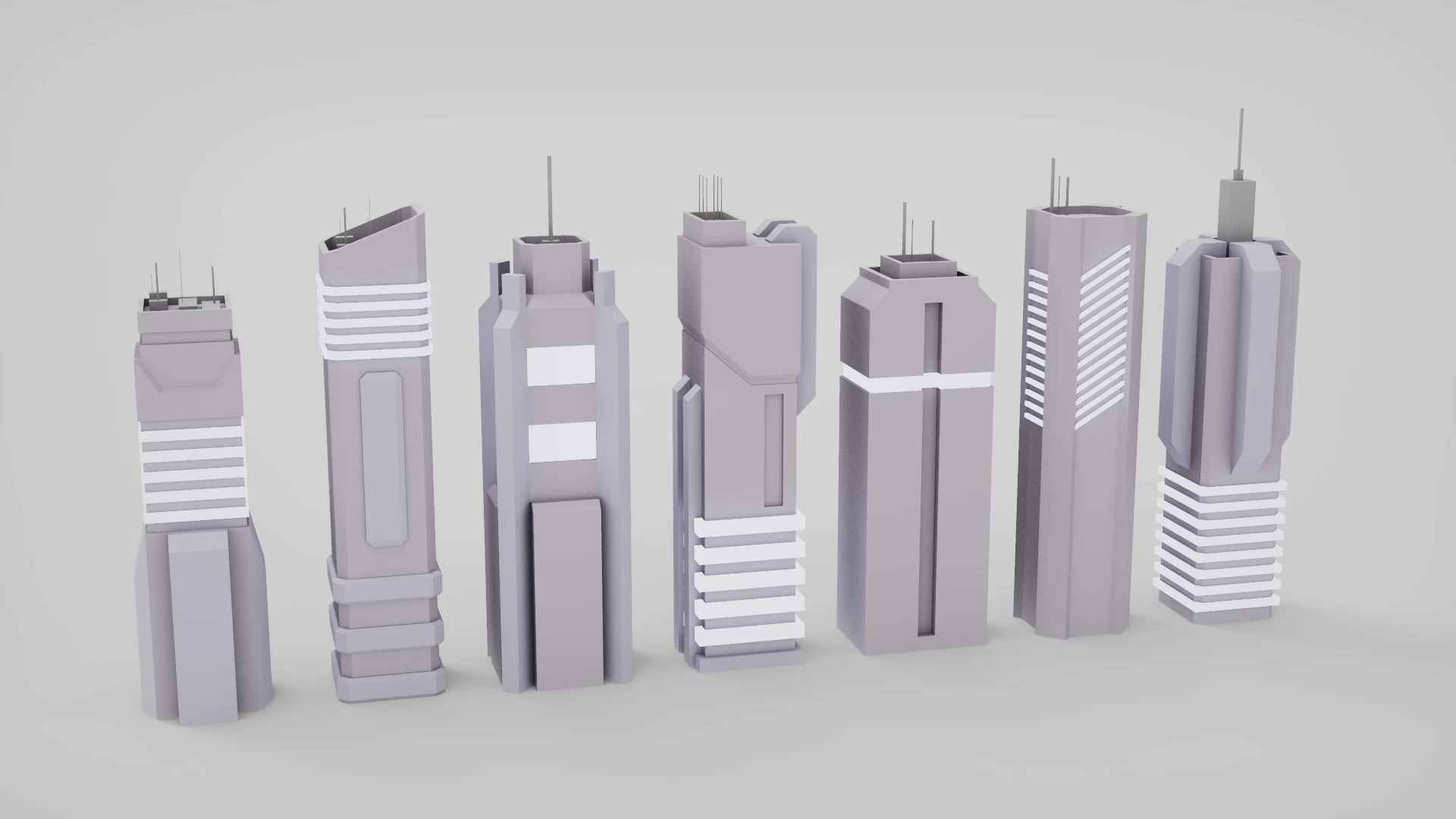7 SciFi Skyscrapers 3D Model .c4d .max .obj .3ds .fbx .stl .blend