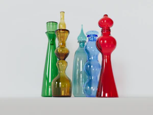 Conjunto de botellas de vidrio de colores. Modelo 3D