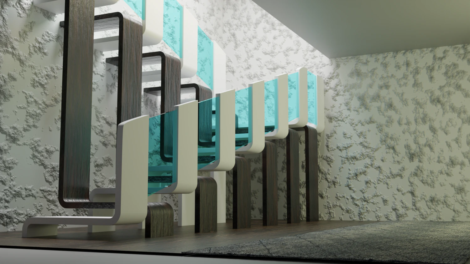 Design Staircase with wooden and plastic steps and glass inserts 3D Model .c4d .max .obj .3ds .fbx .stl .blend 