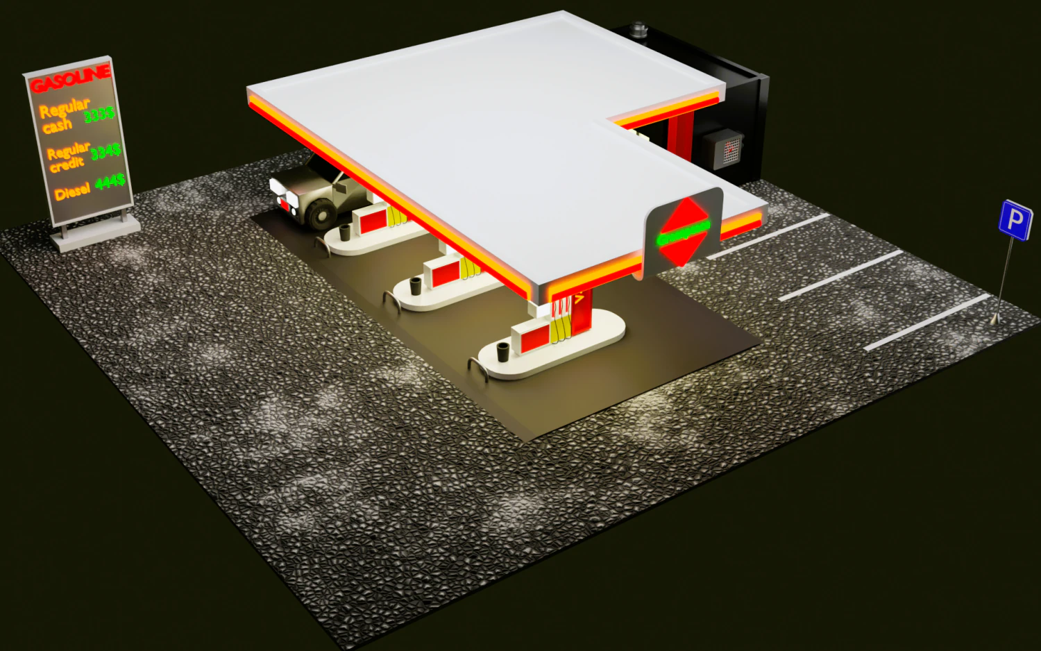 Gas station Low-poly 3D Model .c4d .max .obj .3ds .fbx .stl .blend 