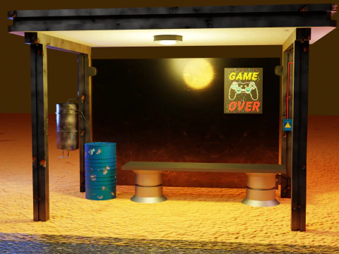 Концептуальный проект автобусной остановки в стиле киберпанк, экономьте воду Низкополигональная 3D Модель