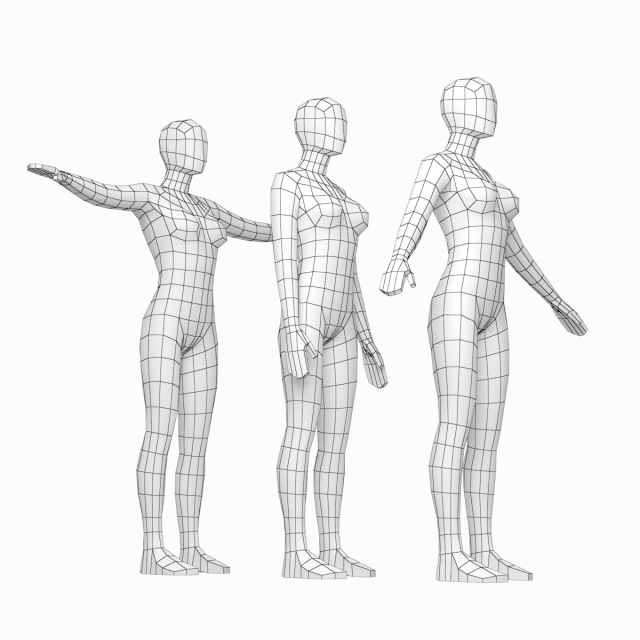 Natural Female in In 3 Modeling Poses Base Mesh 3D Model .c4d .max .obj .3ds .fbx .stl .blend 