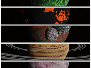 प्रक्रियात्मक मानचित्र निर्माण के साथ पांच विविध ग्रह 3D मॉडल