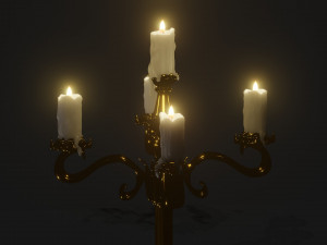 Gold candelabra 2 meters tall with five lit candles melted wax animated model 3D Model