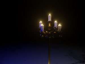 Gold candelabra 2 meters tall with five lit candles melted wax animated model 3D Model