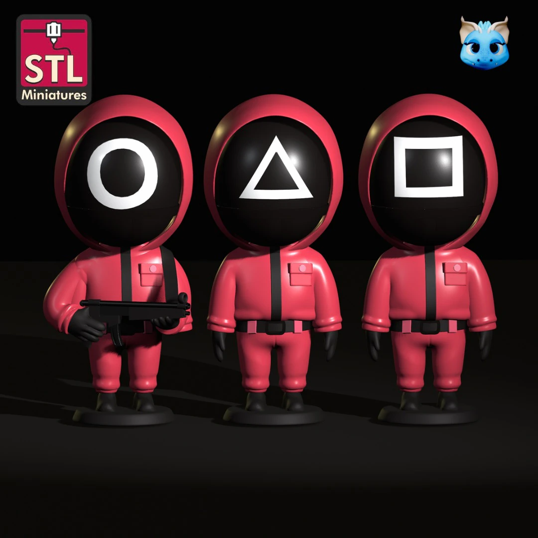 Handcrafted Inspired by Squid Game Soldiers - Set of 3 Figures with Round Bases - STL File 3D Print Model .c4d .max .obj .3ds .fbx .stl .blend 
