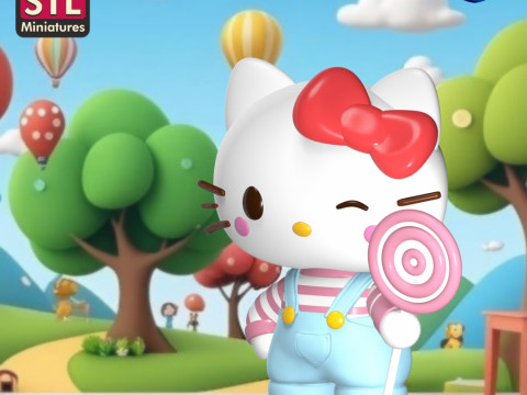 Handcrafted Inspired by Hello Kitty - Miniature with Round Base - STL File for Download 3D Принт Модель