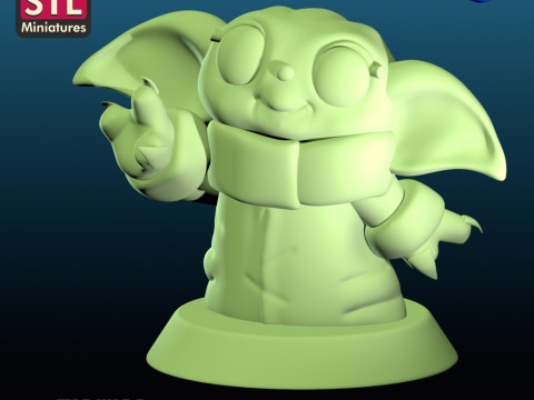 Handcrafted Inspired by Baby Yoda - Miniature with Round Base - STL Download 3D प्रिंट मॉडल