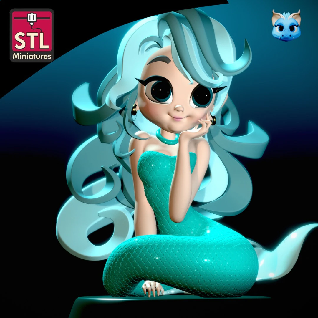 Inspired by a Charming Mermaid - Chibi Style - Round Base - STL File 3D Print Model .c4d .max .obj .3ds .fbx .stl .blend
