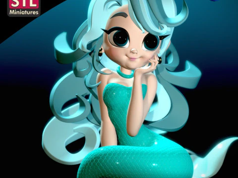 Inspired by a Charming Mermaid - Chibi Style - Round Base - STL File 3D Print Model