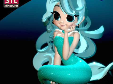 Inspired by a Charming Mermaid - Chibi Style - Round Base - STL File 3D Print Model