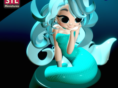 Inspired by a Charming Mermaid - Chibi Style - Round Base - STL File 3D Print Model
