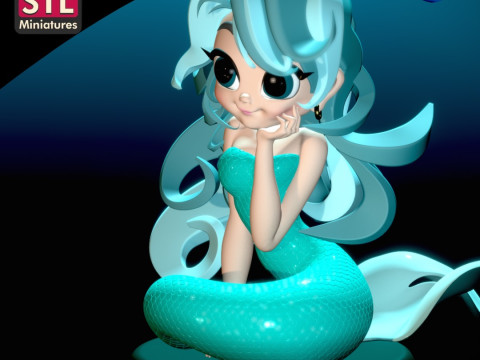Inspired by a Charming Mermaid - Chibi Style - Round Base - STL File 3D Print Model