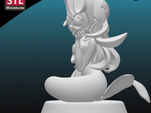 Inspired by a Charming Mermaid - Chibi Style - Round Base - STL File 3D Print Model