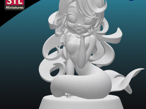 Inspired by a Charming Mermaid - Chibi Style - Round Base - STL File 3D Print Model