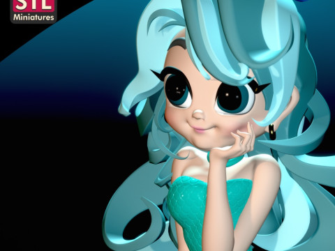 Inspired by a Charming Mermaid - Chibi Style - Round Base - STL File 3D Print Model