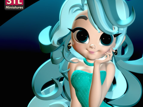 Inspired by a Charming Mermaid - Chibi Style - Round Base - STL File 3D Print Model