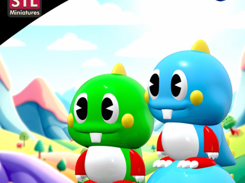Bubble Bobble Dragons - - Chibi Style - Round Base - STL File 3Dプリントモデル